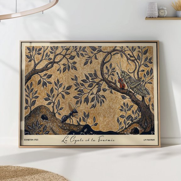 Cicada and Ant Fable Art Whimsical Botanical Wall Illustration, Unframed Paper Poster 8x10in