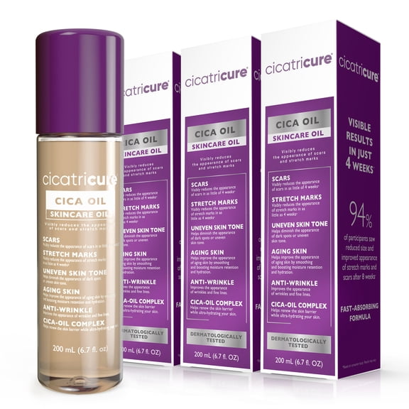 Cicatricure Cica Oil for Stretch Marks & Scars, Vitamin E Body Oil, Visible Results in 4 Weeks, 6.7 fl oz (3 Pack)