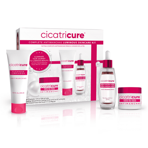 Cicatricure Complete Antimanchas Luminous Skincare Kit - Includes Cleanser, Facial Peeling Serum, & Gel Cream - Diminishes Dark Spots, Brightening (3 Pack)