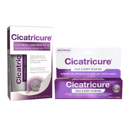 Cicatricure Face & Body Scar Diminishing Gel + Scar Cream with Sunscreen SPF 30, 2 Ct
