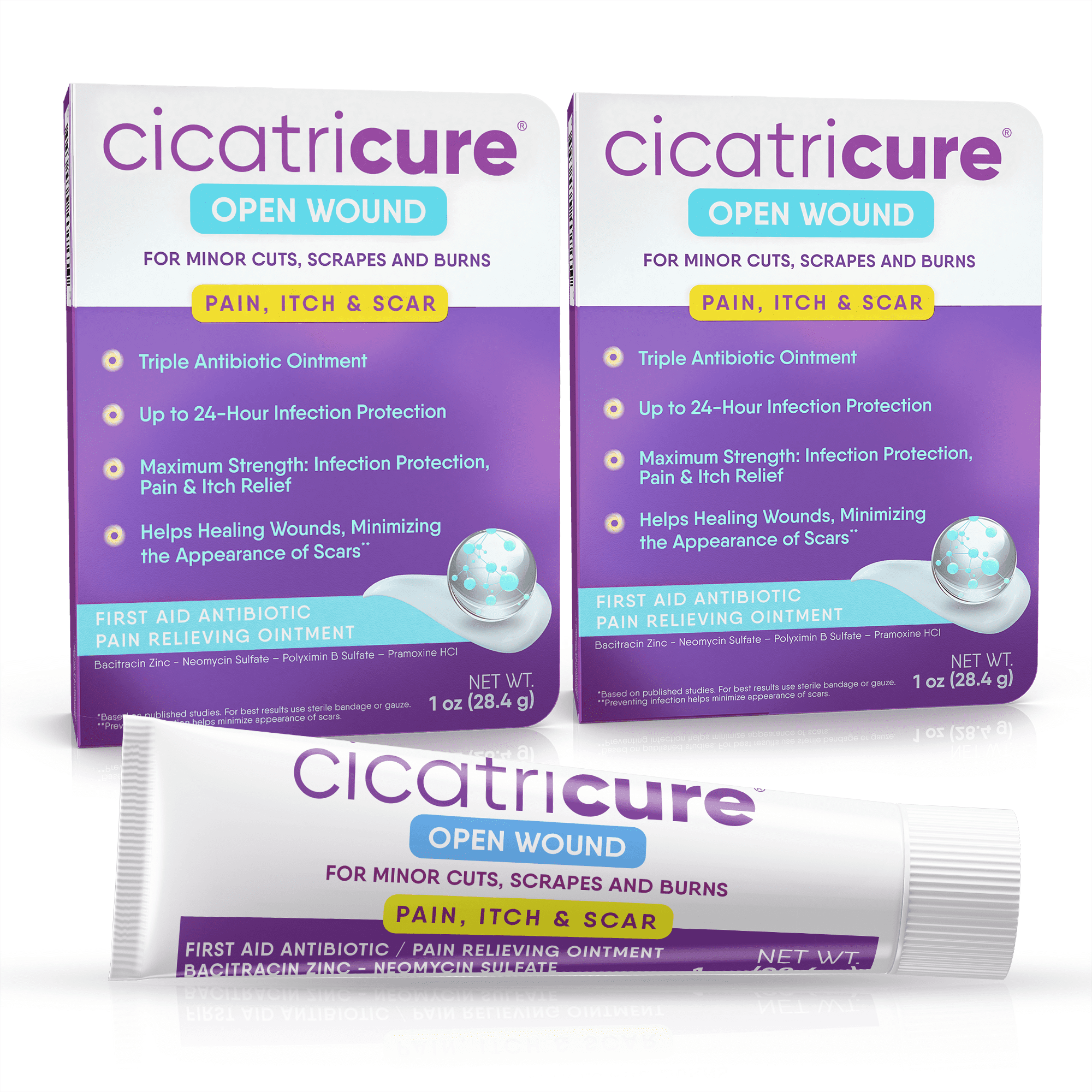 Cicatricure Open Wound First Aid Triple Antibiotic Ointment Pain Relief & Bacitracin 1 oz (2 Pack)