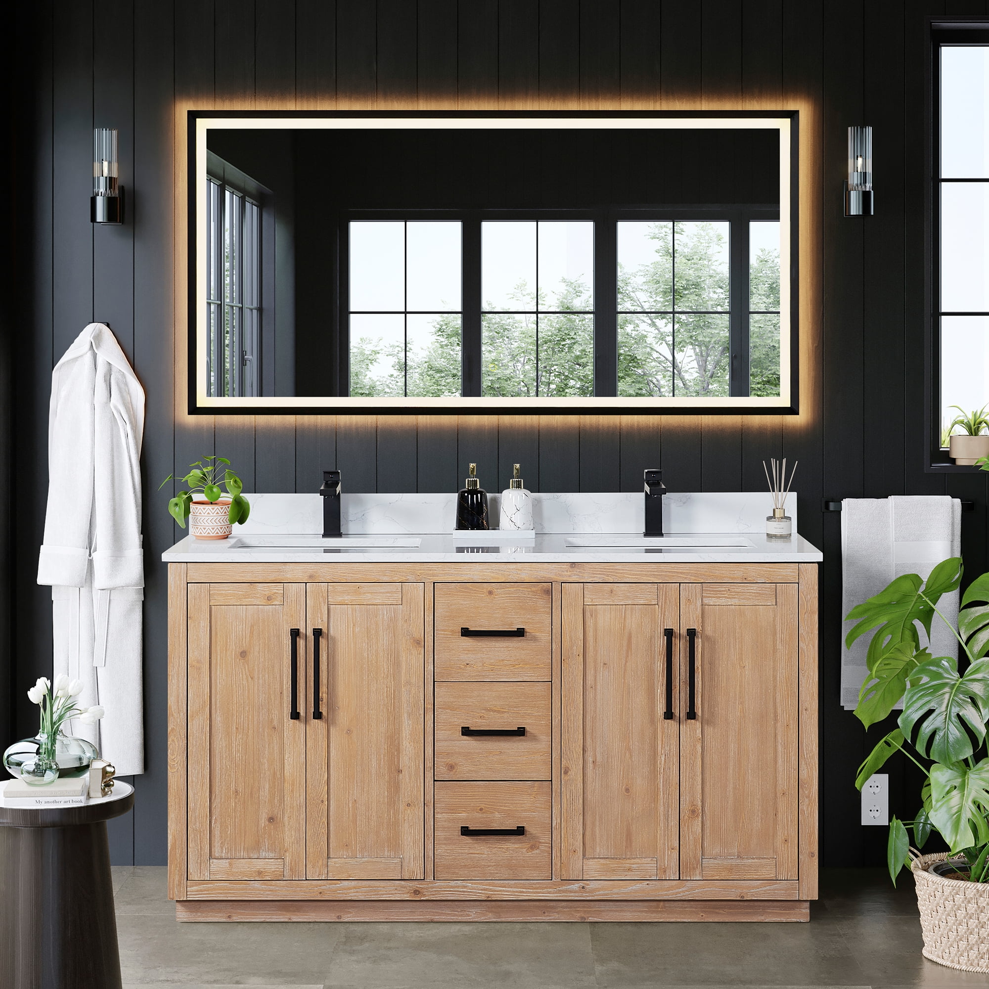 Cicero 60" Light Brown Fir Wood Vanity with White Stone Top and Mirror