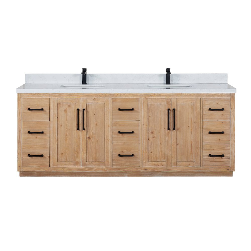 Cicero 84" Light Brown Fir Wood Vanity with White Stone Top