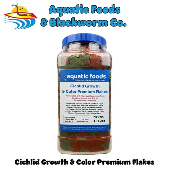 Cichlid Growth & Color Enhancing Flakes for Cichlids, Discus, All Tropicals. Aquatic Foods Premiun Flakes…1-lb 2oz Lg Jar