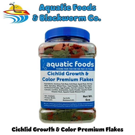 Cichlid Growth & Color Enhancing Flakes for Cichlids, Discus, All Tropicals. Aquatic Foods Premiun Flakeso…6oz Med Jar