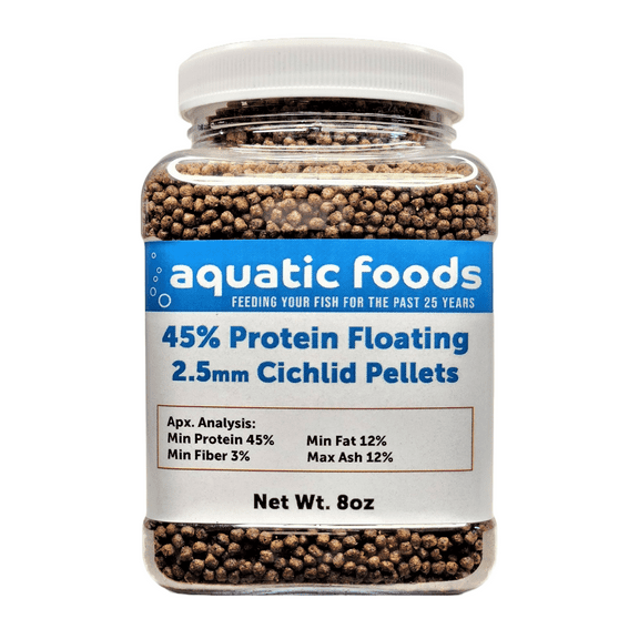 Cichlid Pellets, 45% Protein Floating 2.5mm ( 3/32") Pellets for Smaller Discus,Oscars, Central American, South American Cichlids8oz Small Jar