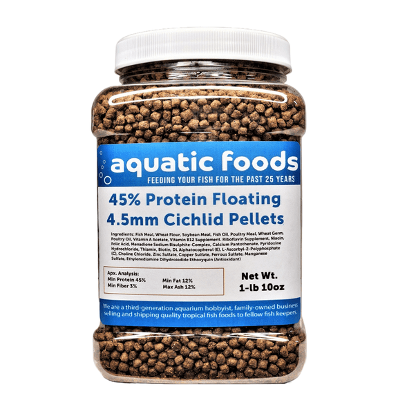 Cichlid Pellets, 45% Protein Floating 4.5mm ( 5/32") Pellets for Oscars, Central American, South American Cichlids1-lb 10oz Med Jar