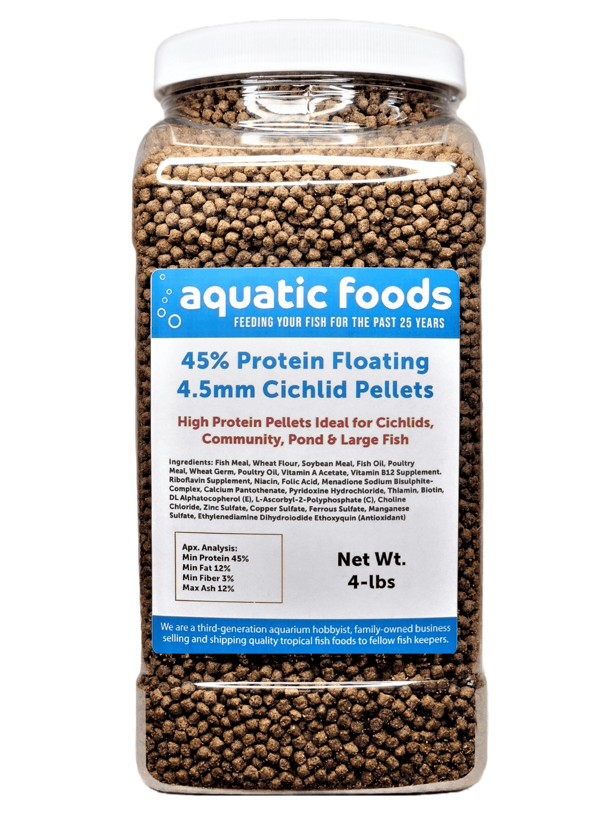 Cichlid Pellets, 45% Protein Floating 4.5mm ( 5/32") Pellets for Oscars, Central American, South American Cichlids…4-lb Lg Jar