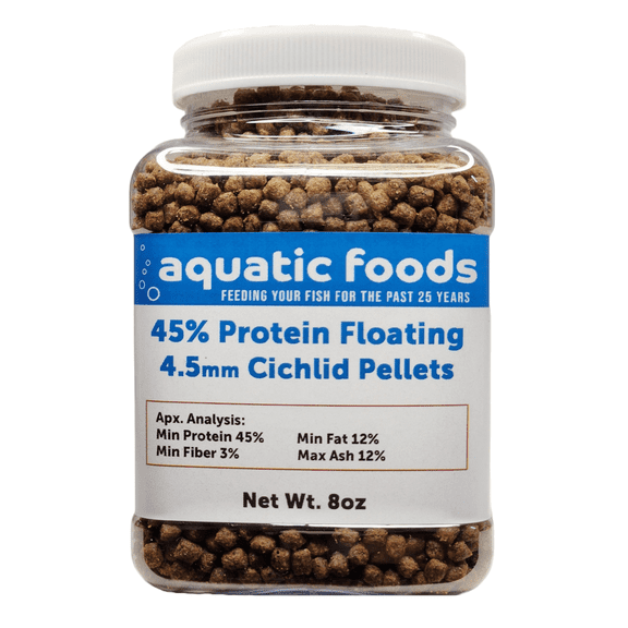 Cichlid Pellets, 45% Protein Floating 4.5mm (5/32") Pellets for Oscars, Central American, South American Cichlids8oz Small Jar