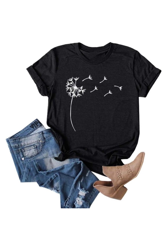 Cicy Bell Women's Dandelion Print T Shirts Cute Graphic Tees Short Sleeve Summer Cotton Tee Tops Casual Blouse