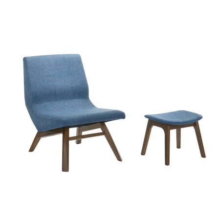 Cid 2 Piece Modern Accent Chair, Ottoman, Blue Fabric, Walnut Legs