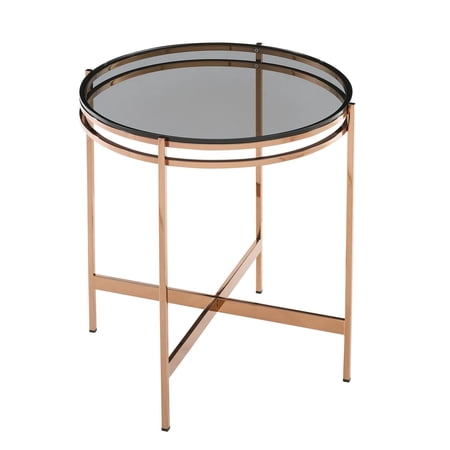 Cid 22 Inch Modern End Table, Black Glass Top, Rose Gold Legs