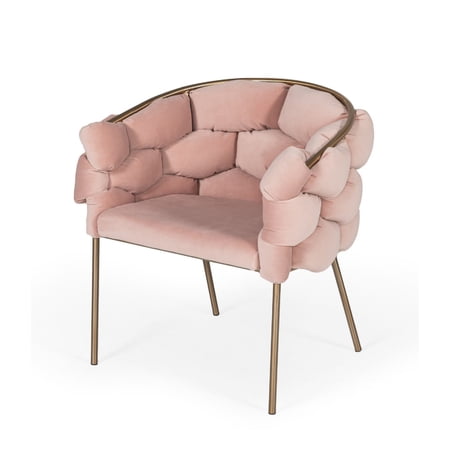 Cid 26 Inch Modern Curved Accent Chair, Deep Bubble Tufted Back, Pink, Gold