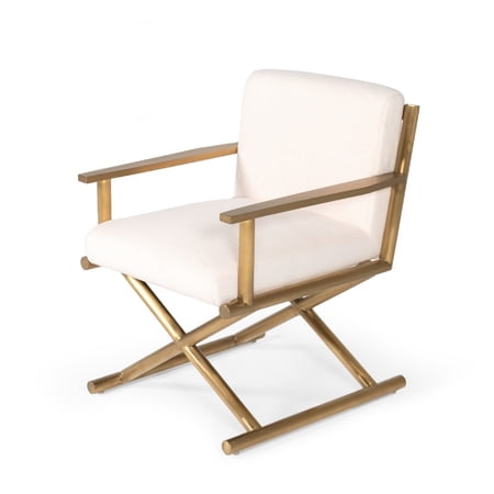 Cid 27 Inch Modern Accent Chair, Cream Sherpa Fabric, Gold Frame- Saltoro Sherpi