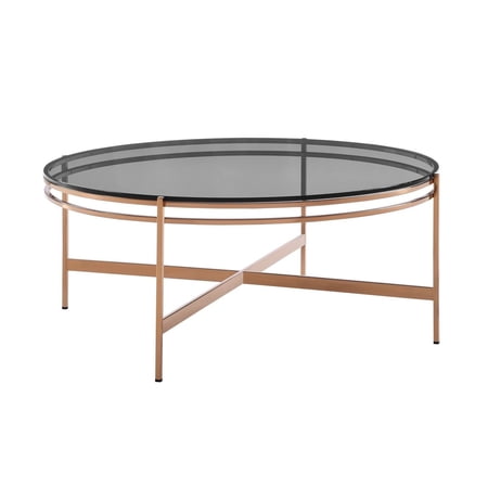Cid 35 Inch Modern Coffee Table, Black Smoked Glass Top, Rose Gold Legs