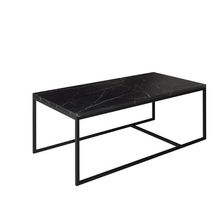 Cid 48 Inch Modern Minimal Coffee Table, Marble Top, Metal Base, Black- Saltoro Sherpi