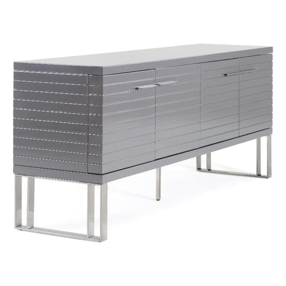 Cid Resu Sideboard Buffet Cabinet-4 Doors w Slatted Design-79 Inch-Glossy Gray