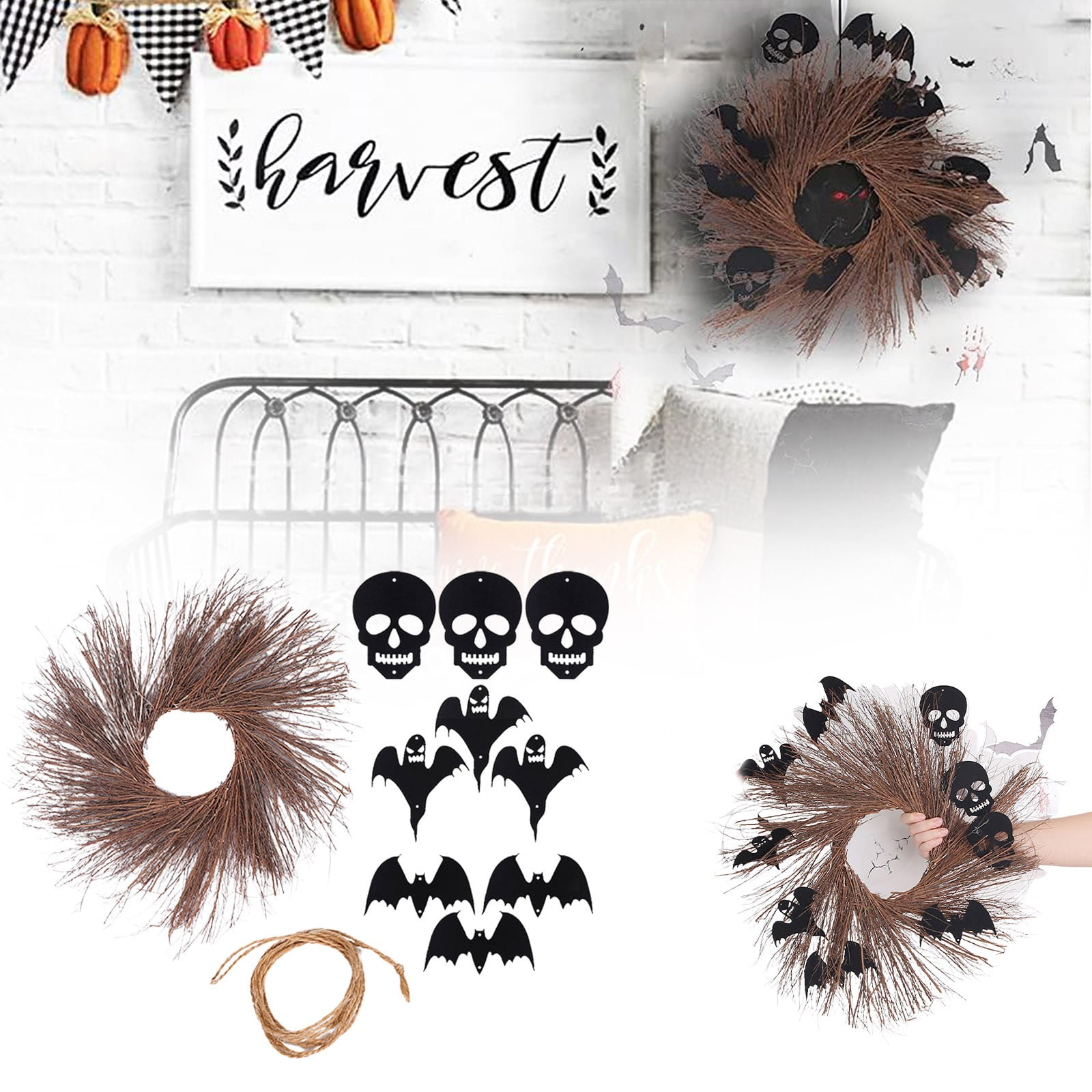 CieKen Berniee Wreath Door Wreath Natural Dry Rattan Bat Decorative