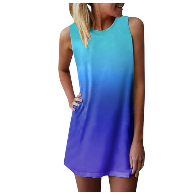 CieKen Women Daily O Neck Sleeveless T Shirt Dress Tie-Dye Print Tank ...