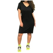 VIVI CieKen Women Summer Casual T Shirt Dress V-Neck Short Sleeve Mid-Length Dress Pockets