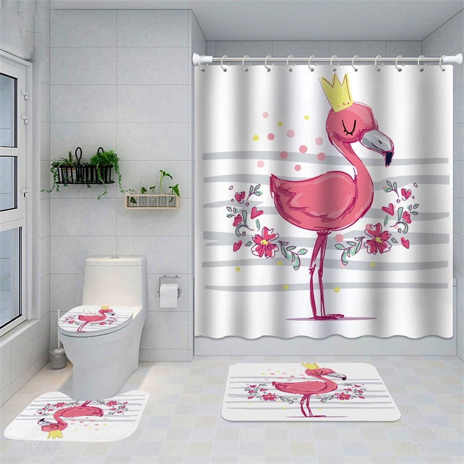 Cieatiam Flamingo Digital Printed Shower Curtain Polyester Bathroom
