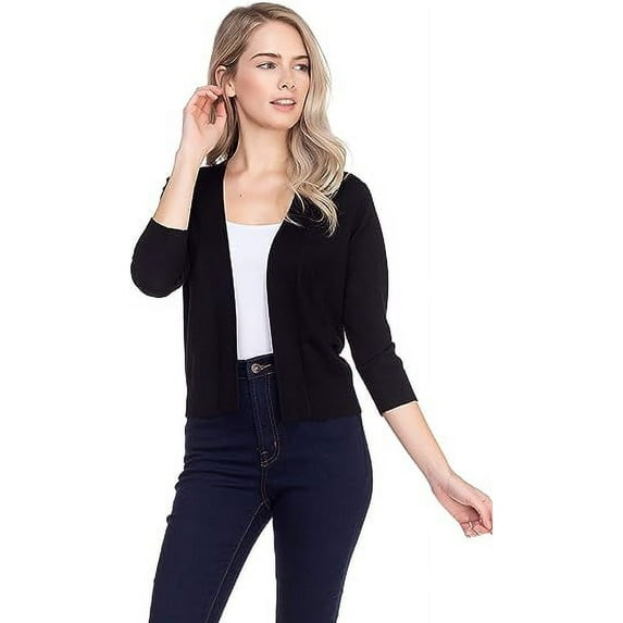 Cielo 1985 Women's Open Bolero Cardigan Sweater - cropped 3/4 sleeves lightweight - By The Simply Fashion Black XL