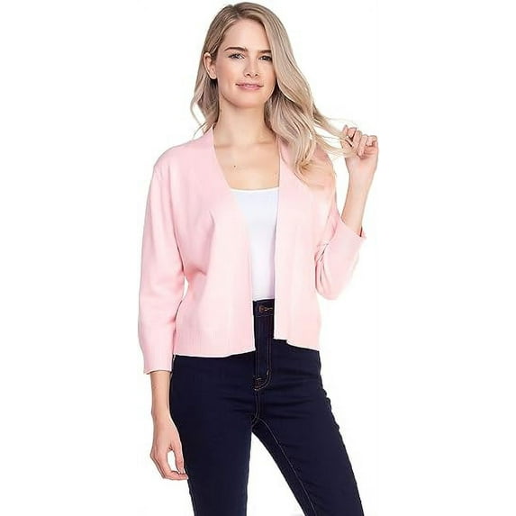 Cielo 1985 Women's Open Bolero Cardigan Sweater - cropped 3/4 sleeves lightweight - By The Simply Fashion babypink L