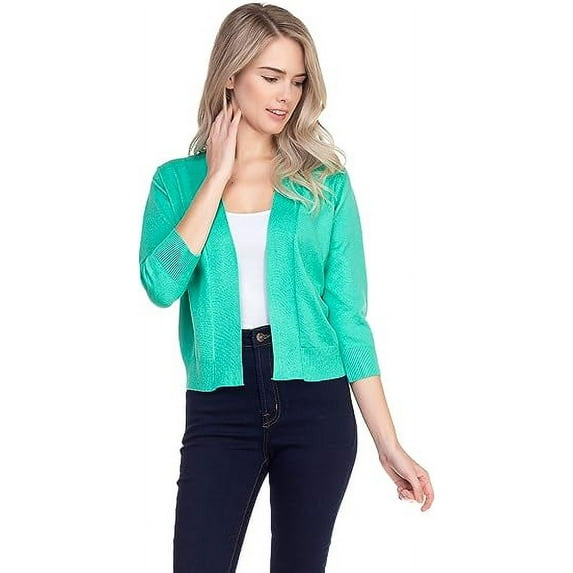 Cielo 1985 Women's Open Bolero Cardigan Sweater - cropped 3/4 sleeves lightweight - By The Simply Fashion green L