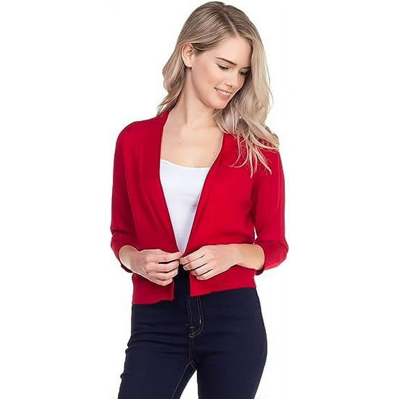 Cielo 1985 Women's Open Bolero Cardigan Sweater - cropped 3/4 sleeves lightweight - By The Simply Fashion red S