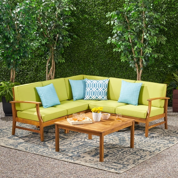 Cielo Terrace 6-Piece Outdoor Wood Conversation Set with Cushions, Green
