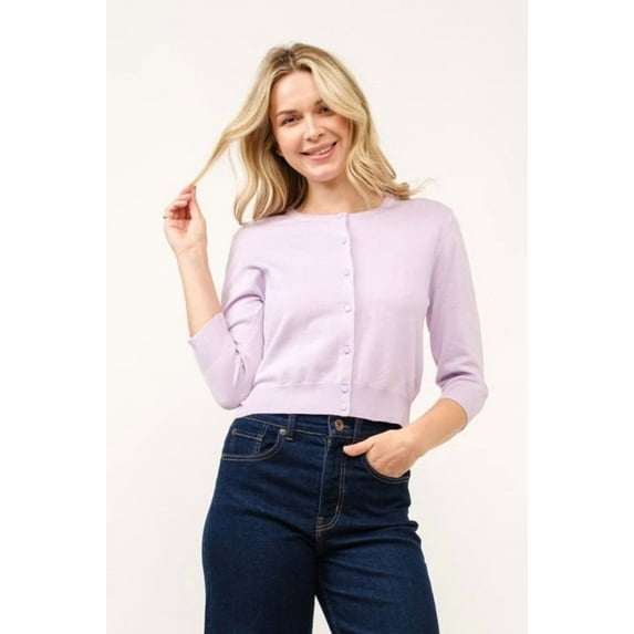 Cielo Women’s 3/4 Sleeve Round Neck Button Cardigan – Lightweight Knit Sweater, Cropped Fit, Office & Casual Wear Lavender,XLarge