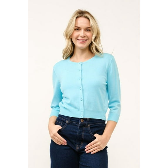 Cielo Women’s 3/4 Sleeve Round Neck Button Cardigan – Lightweight Knit Sweater, Cropped Fit, Office & Casual Wear Mint,Large