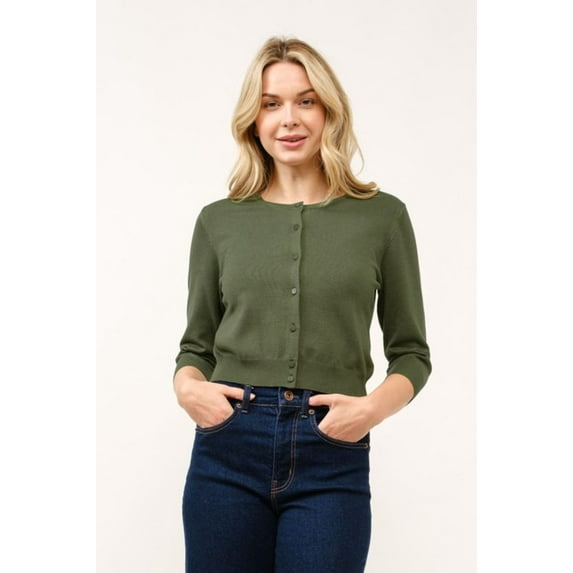 Cielo Women’s 3/4 Sleeve Round Neck Button Cardigan – Lightweight Knit Sweater, Cropped Fit, Office & Casual Wear Olive,Medium