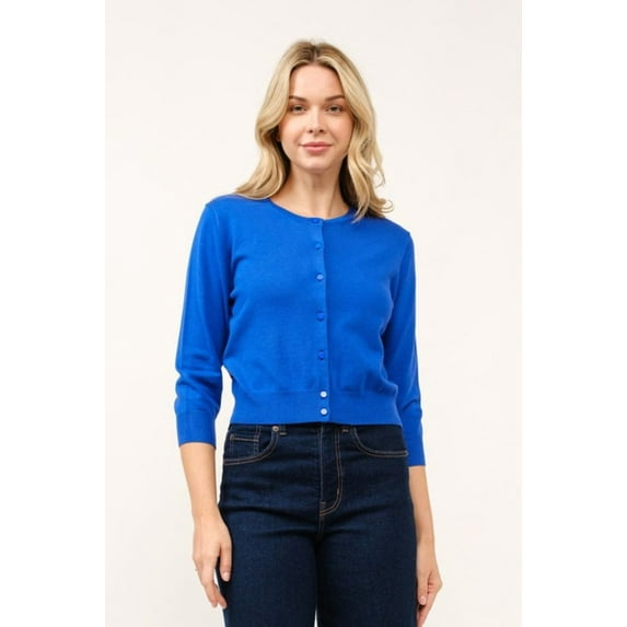 Cielo Women’s 3/4 Sleeve Round Neck Button Cardigan – Lightweight Knit Sweater, Cropped Fit, Office & Casual Wear Royal,Medium