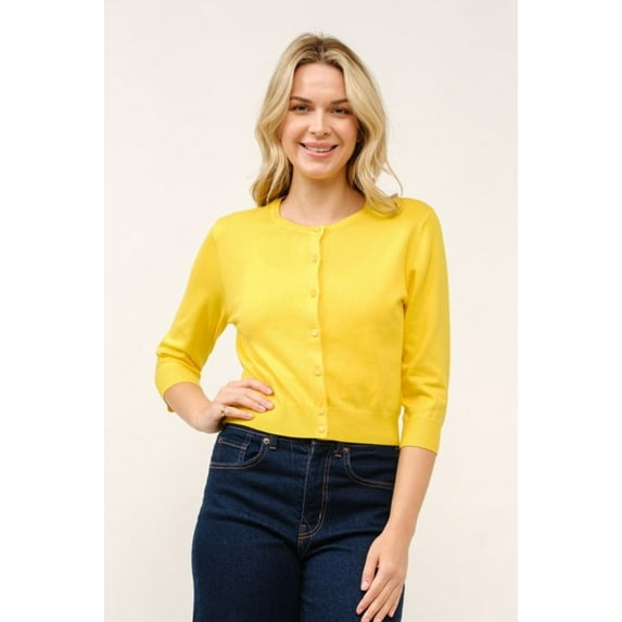 Cielo Women’s 3/4 Sleeve Round Neck Button Cardigan – Lightweight Knit Sweater, Cropped Fit, Office & Casual Wear Yellow,XLarge