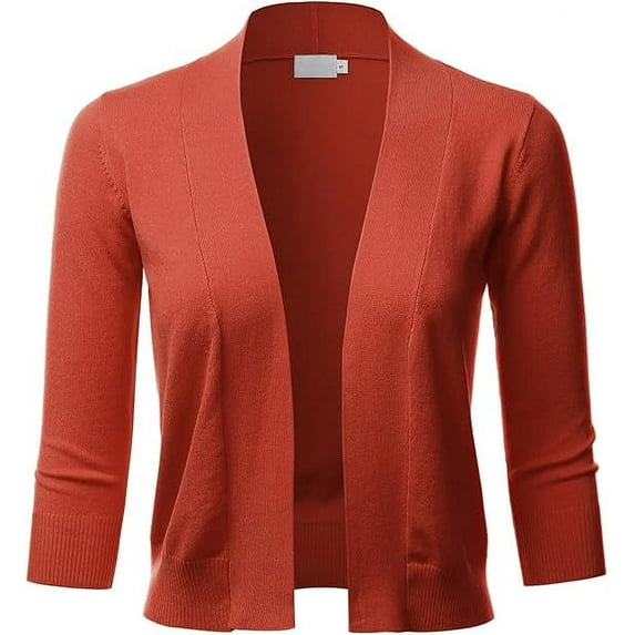 Cielo Women's 3/4 Sleeve Solid Open Front Cropped Bolero Shurug Light Cardigan