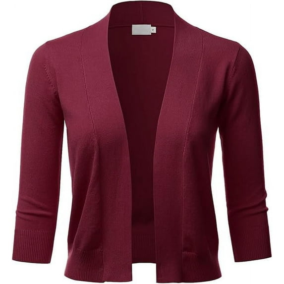 Cielo Women's 3/4 Sleeve Solid Open Front Cropped Bolero Shurug Light Cardigan