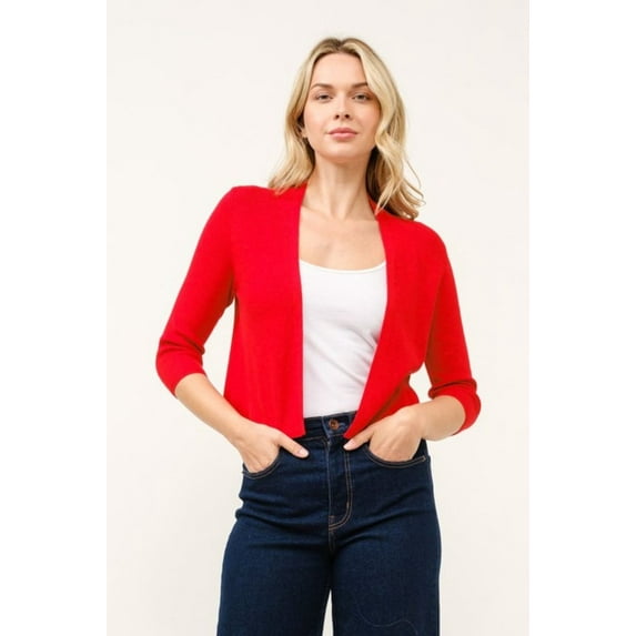 Cielo Women's Open Front Bolero Cardigan Shrug – Lightweight Knit, 3/4 Sleeves red246,xlarge