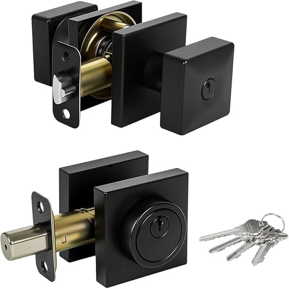 Cielsa Dawn Square Black Door Knob and Deadbolt Lock,Single Cylinder Deadbolt Lock and Door Knob Set, Keyed Alike Eexterior Door Locks for Front Door (Matte Black,1PACK)