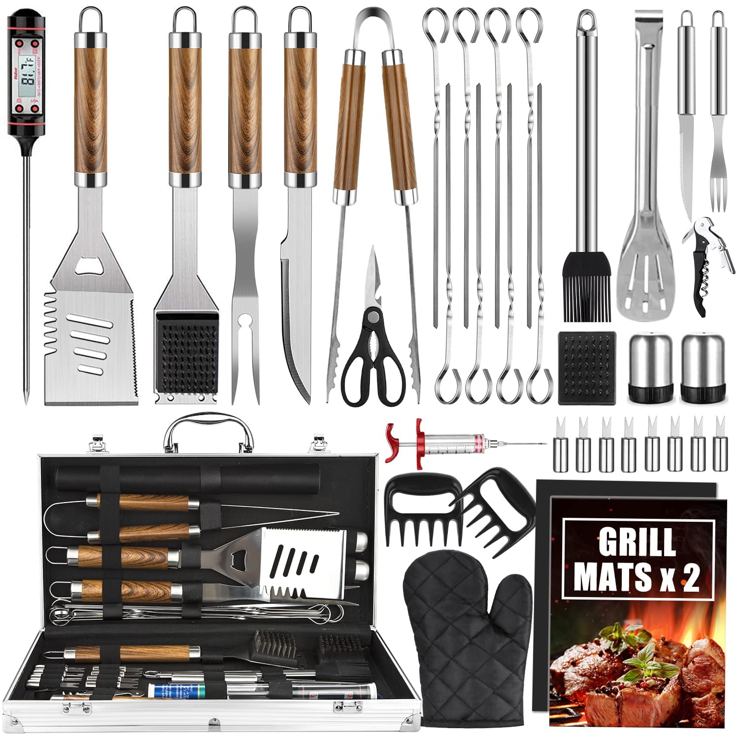 Cifaisi BBQ Grill Accessories Set, 38Pcs Stainless Steel Grill Tools Grilling Accessories with Aluminum Case, Thermometer, Grill Mats for Camping/Backyard Barbecue, Grill Set for Men Women C43