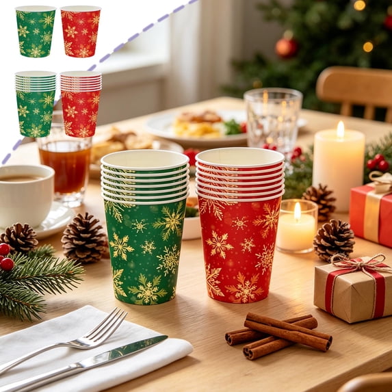 Cififendec 16Pcs Christmas Snowflake Printed Disposable Paper Cups, 3.23"×2.91", Red Green Festive Drink Cups for Christmas Holiday Toast Arranging
