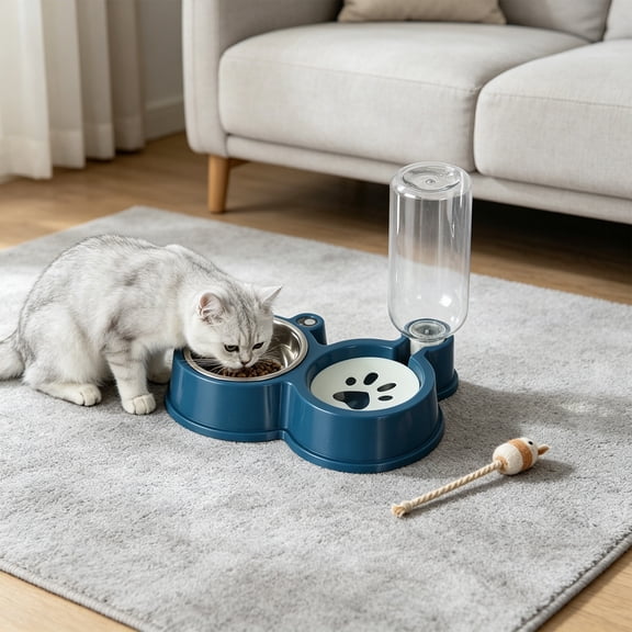 Cififendec 2-In-1 Pet Feeder Stainless Steel Bowl, 10.24"×6.5", Auto Refill Water Food Dish for Living Room Daily Feeding Window Counter Meals