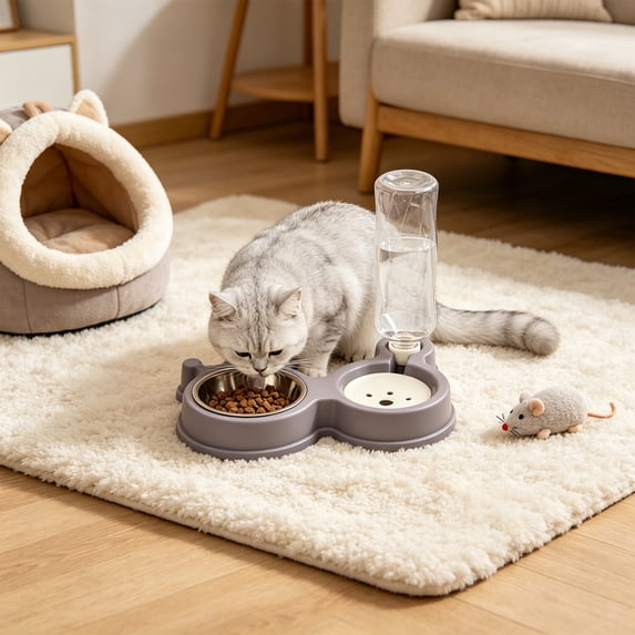 Cififendec 2-in-1 Pet Feeder and Waterer, 10.63"×7.09", No-Spill Cat and Dog Bowl Set, Detachable Food and Water Station for Small Pets with Auto Water Refill(Purple)