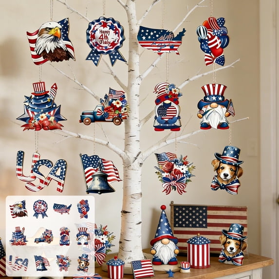Cififendec 250th Anniversary Hanging Ornaments Set of 12, 3.15", Patriotic Vintage Eagle Wooden Hanging Decor, Independence Day Must-Have for Party