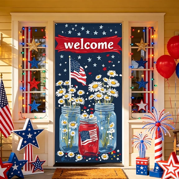Cififendec 250th Anniversary Patriotic Door Cover, 35.4"×70.9", American Flag Star and Stripe Art Print with 4 Corner Holes and Roll Rope, Independence Day Hanging Backdrop