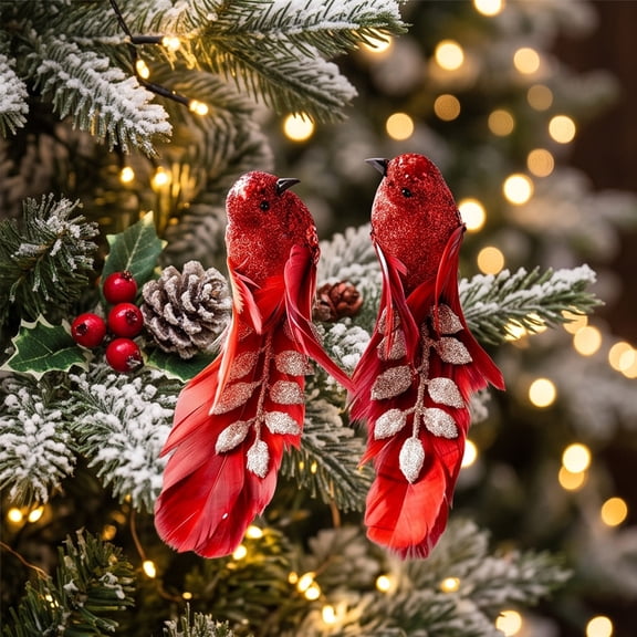 Cififendec 2Pcs Christmas Artificial Bird Ornament, 6.3"×2.76", Glitter Coated Simulated Bird with Tail Hanging Decoration for Christmas Tree Showcase