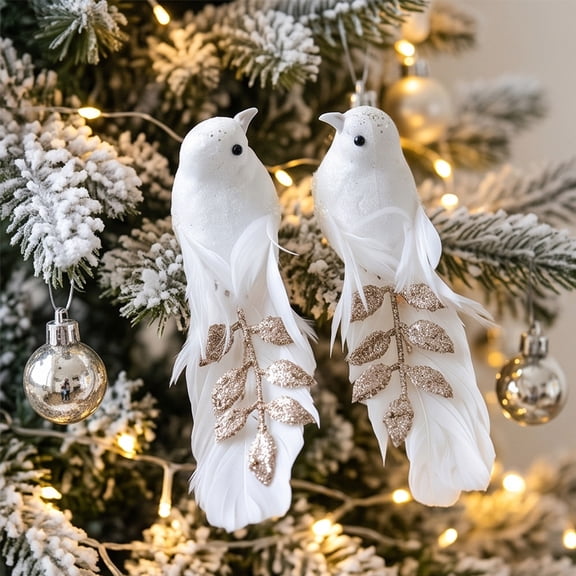 Cififendec 2Pcs Christmas Artificial Bird Ornament, 6.3"×2.76", Glitter Coated Simulated Bird with Tail Hanging Decoration for Christmas Tree Showcase