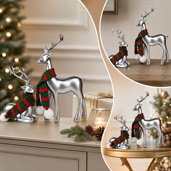 Cififendec 2Pcs Christmas Silver Reindeer Statue, Resin Deer Figurines with Red Green Knitted Pom Pom Scarf for Tabletop and Mantel Arranging