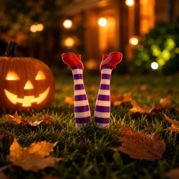 Cififendec 2Pcs Halloween Witch Leg Plant Stakes, 5.9", Plastic Spooky Striped Witch Boot Flower Pot Picks for Garden Planter Table Decor