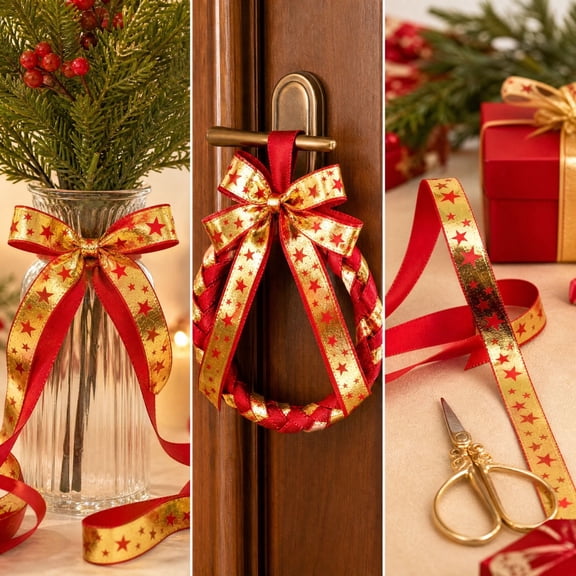 Cififendec 360" Christmas Metallic Printed Ribbon, Gold Foil Star Tree Merry Christmas Fabric Ribbon for Gift Wrapping Wreath Craft Decor